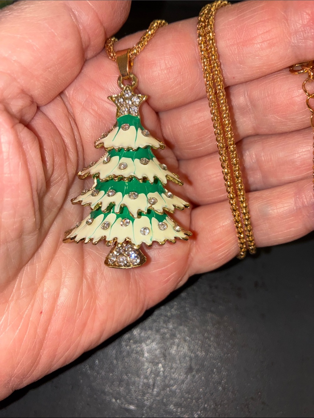 Gold-Tone Green and Cream Christmas Tree Pendant Necklace